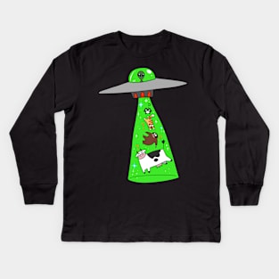 Frog Sloth Cat Cow Alien Abduction Kids Long Sleeve T-Shirt